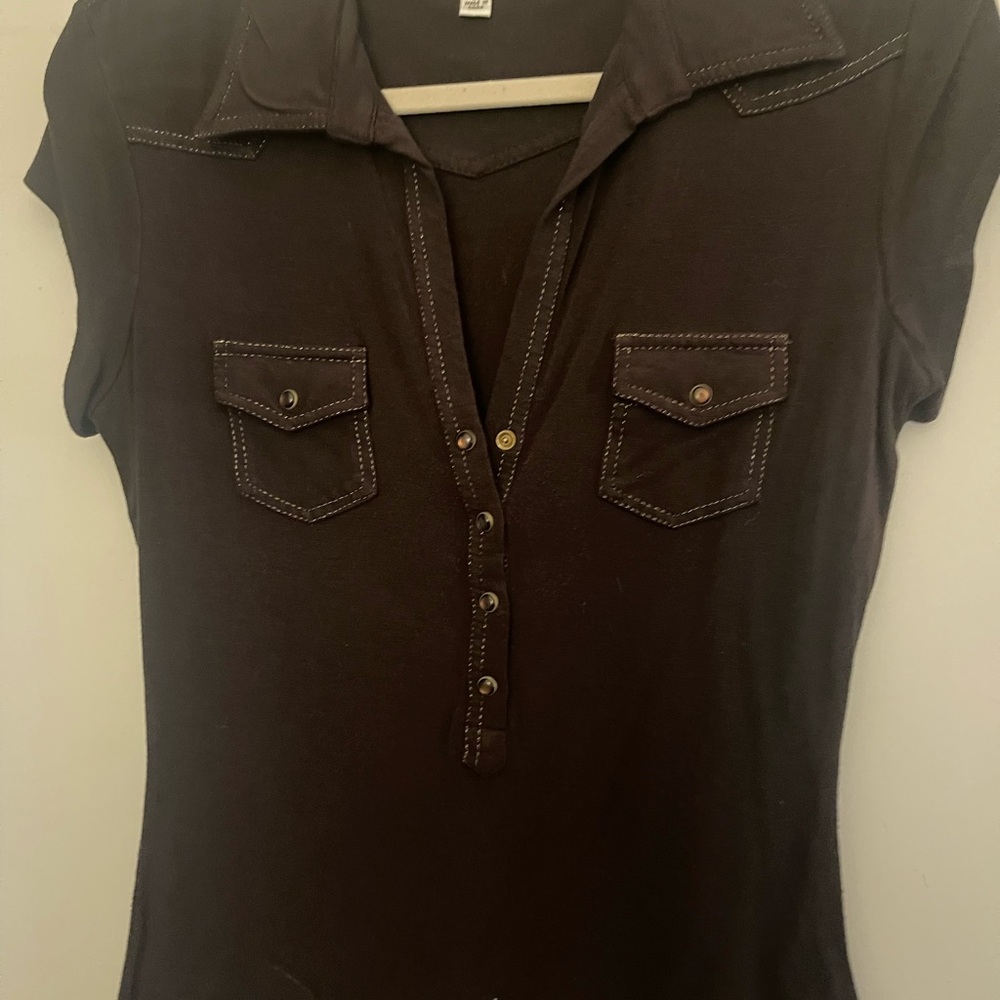 Cache Brown Fitted Button Down Polo Collar Shirt